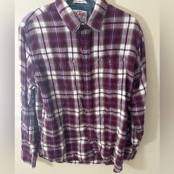 Vintage Y2K OLD NAVY slim fit flannel plaid button down top maroon size small - Picture 2 of 7